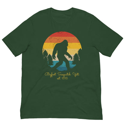 Graphic Bigfoot T-shirt, forest green, front sunset monster silhouette print