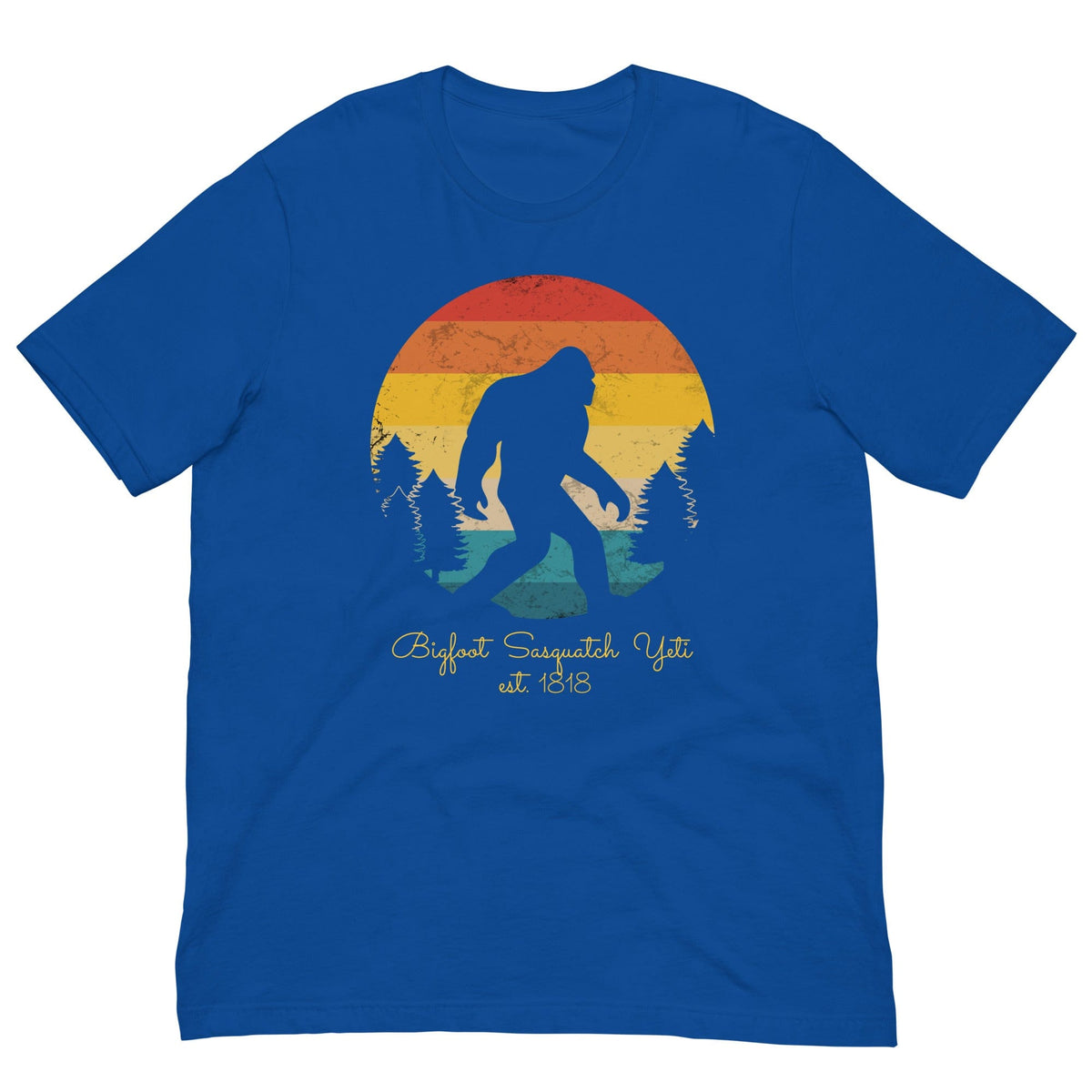 Graphic Bigfoot T-shirt, true royal blue, front sunset monster silhouette print