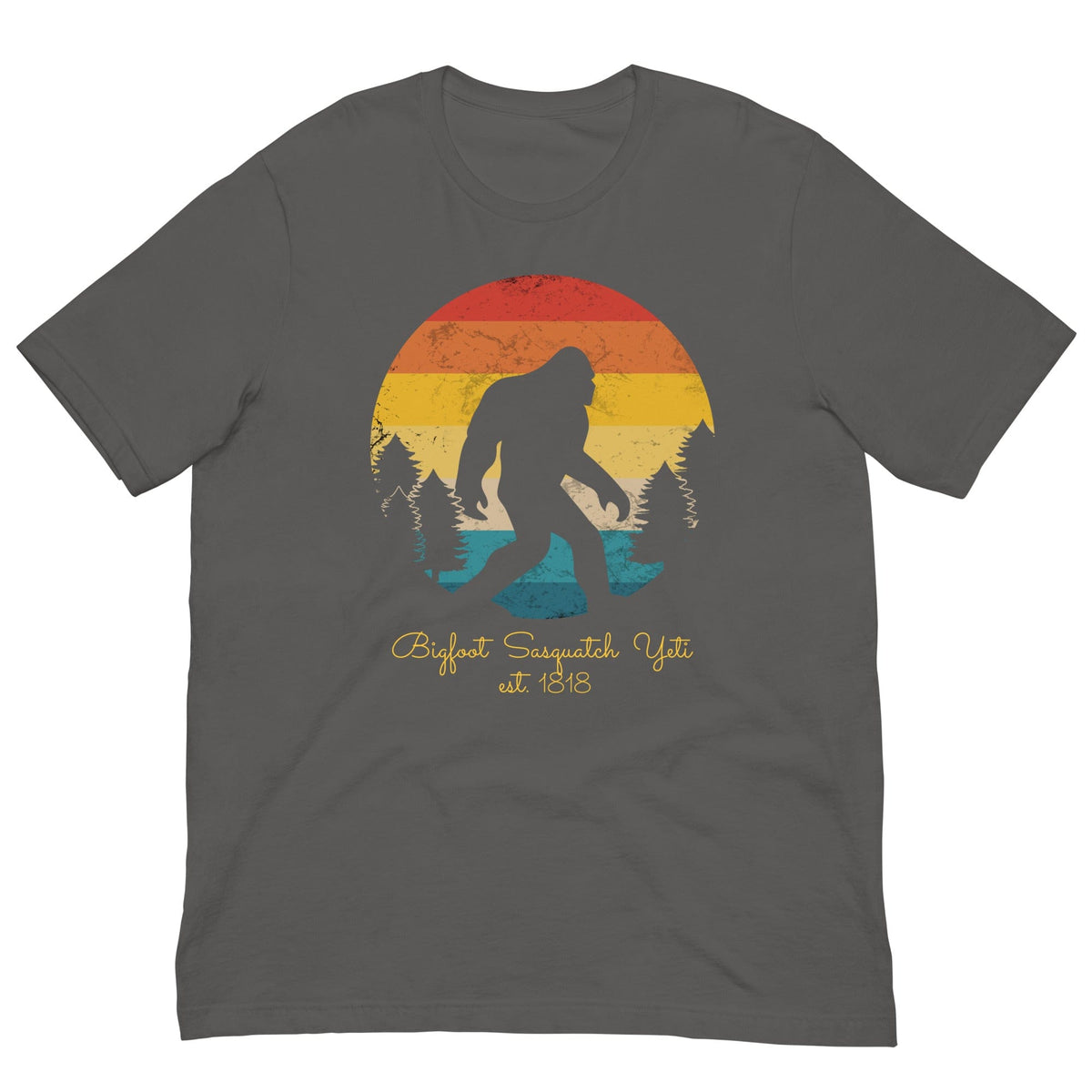 Graphic Bigfoot T-shirt, charcoal gray, front sunset monster silhouette print