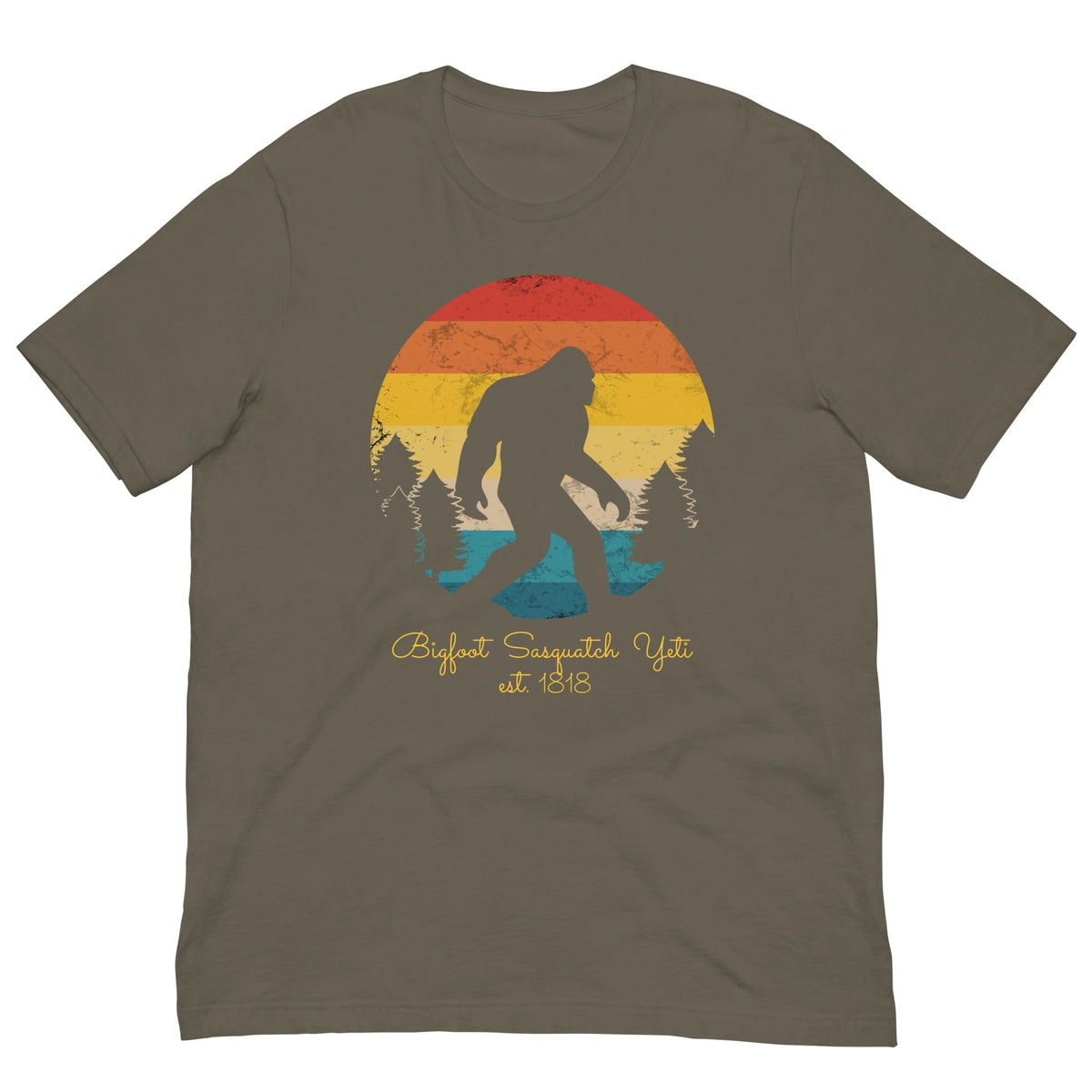 Graphic Bigfoot T-shirt, olive brown, front sunset monster silhouette print