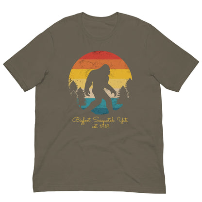 Graphic Bigfoot T-shirt, olive brown, front sunset monster silhouette print