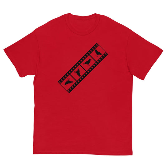 Red Birds film strip T-shirt with black graphic print on the chest