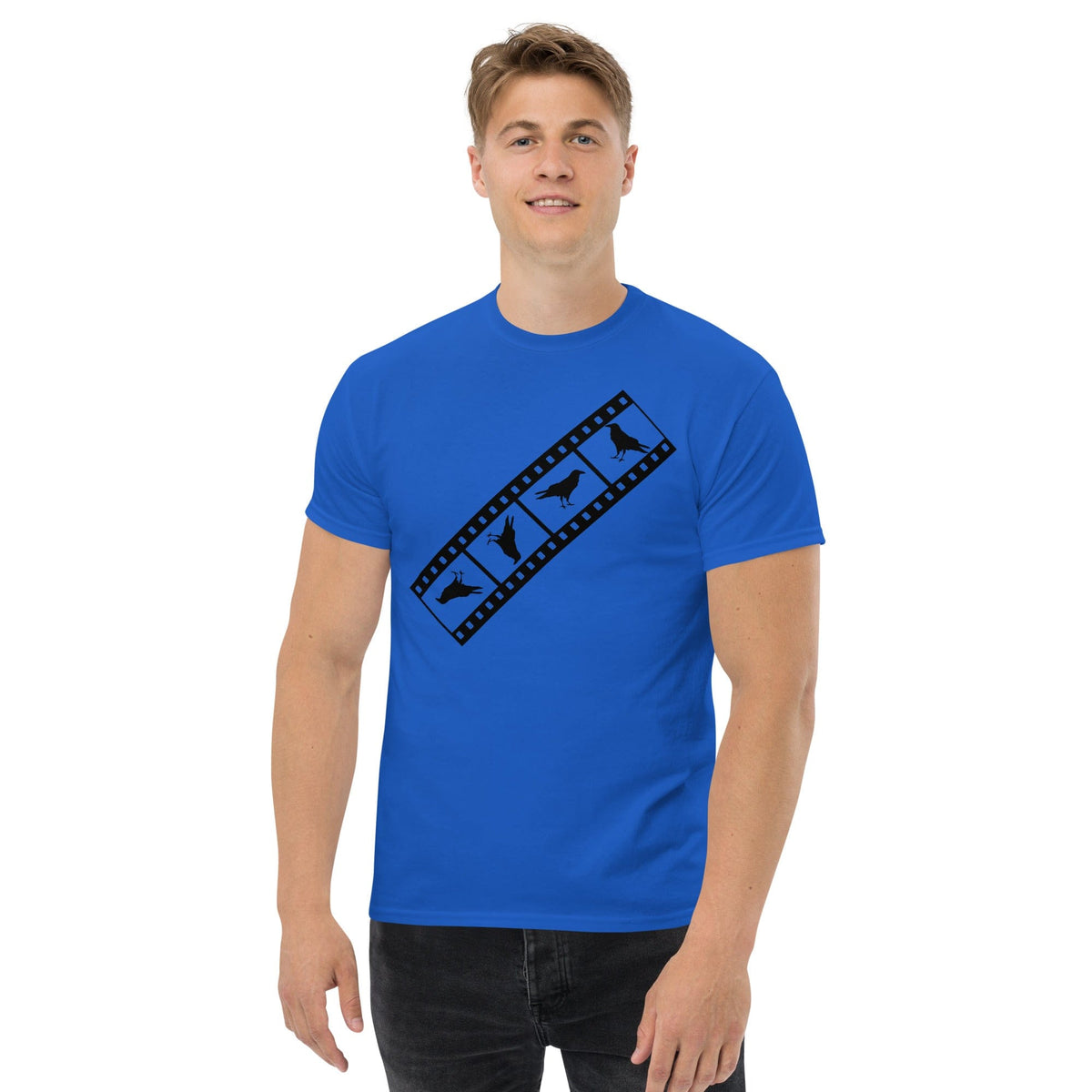 Blue Birds film strip T-shirt with black graphic print on the chest