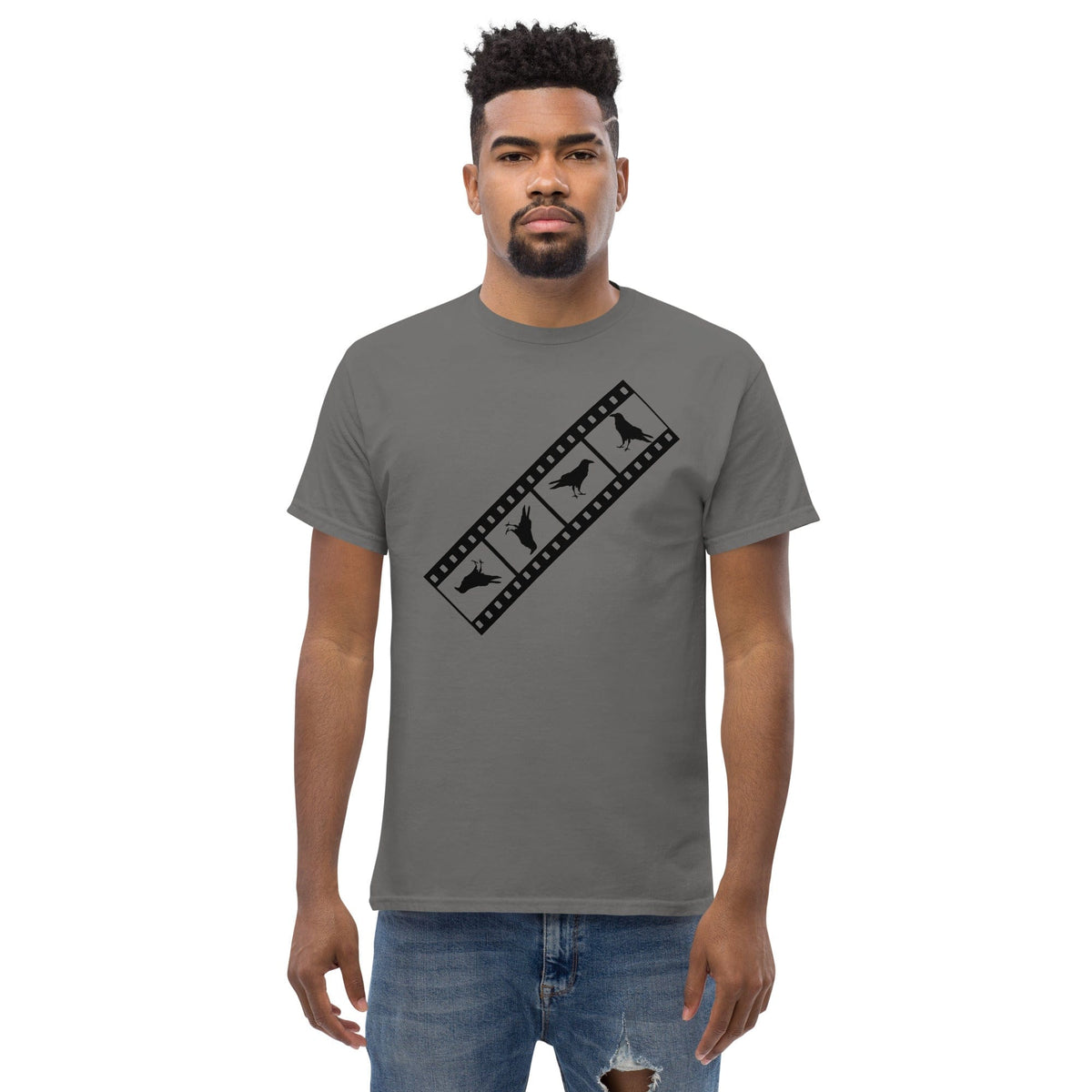 Charcoal Birds film strip T-shirt with black graphic print on the chest