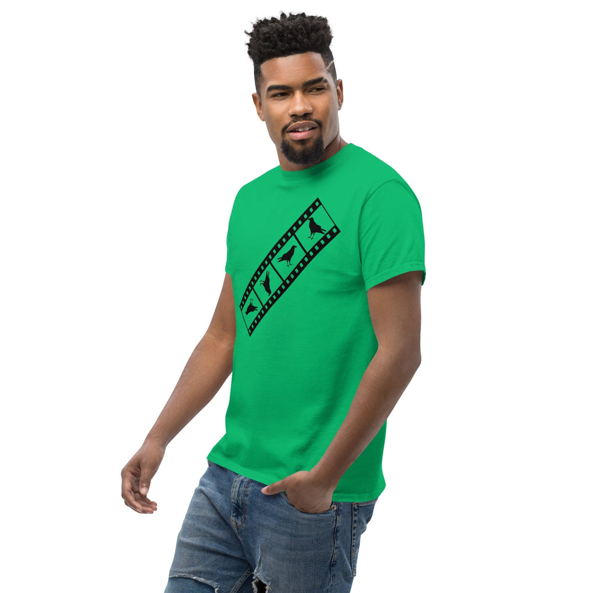 Green Birds film strip T-shirt with black graphic print on the chest