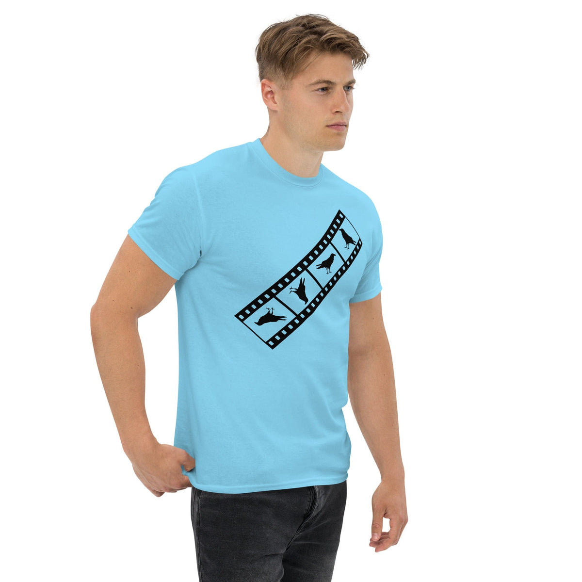 Light blue Birds film strip T-shirt with black graphic print on the chest