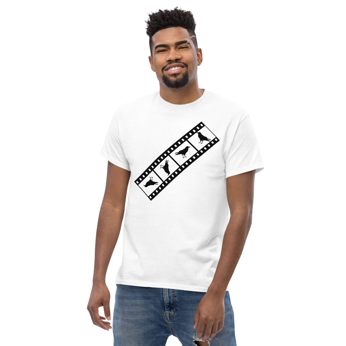 White Birds film strip T-shirt with black graphic print on the chest
