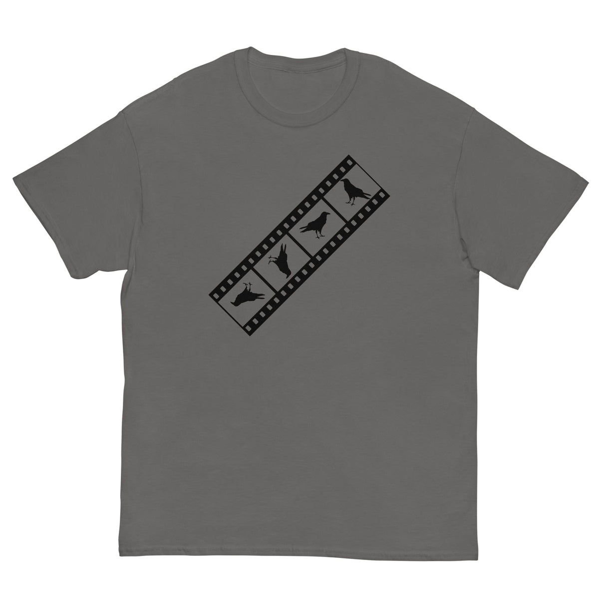 Charcoal film-strip T-shirt with bird silhouettes graphic