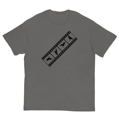 Charcoal film-strip T-shirt with bird silhouettes graphic