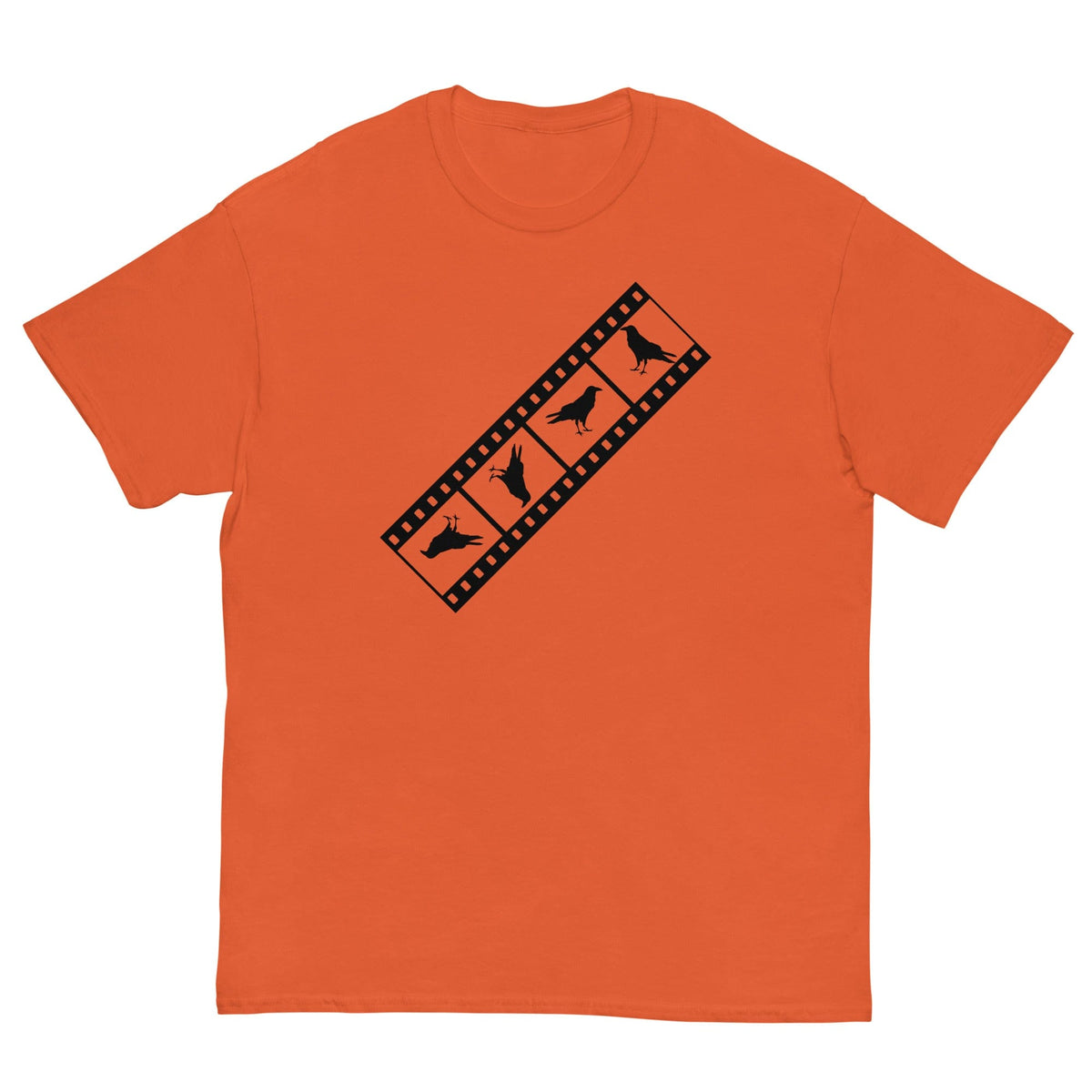 Orange film-strip T-shirt with bird silhouettes graphic