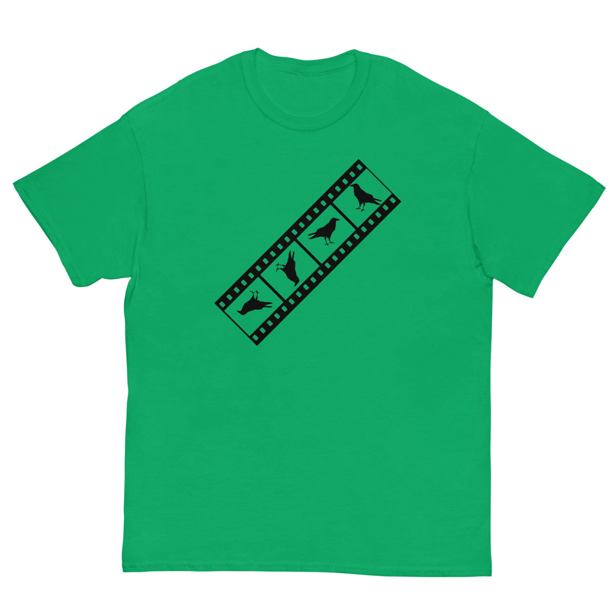 Green film-strip T-shirt with bird silhouettes graphic