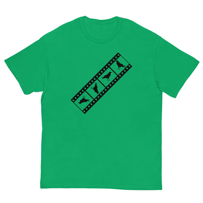 Green film-strip T-shirt with bird silhouettes graphic