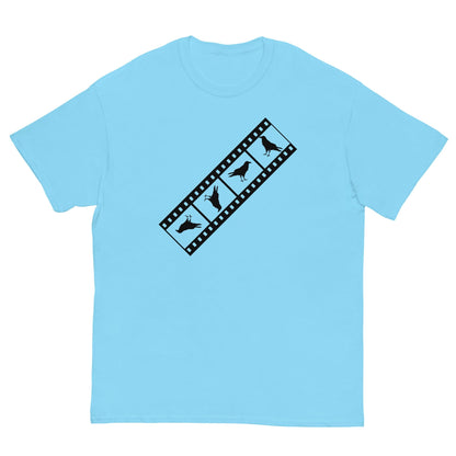 Sky blue film-strip T-shirt with bird silhouettes graphic