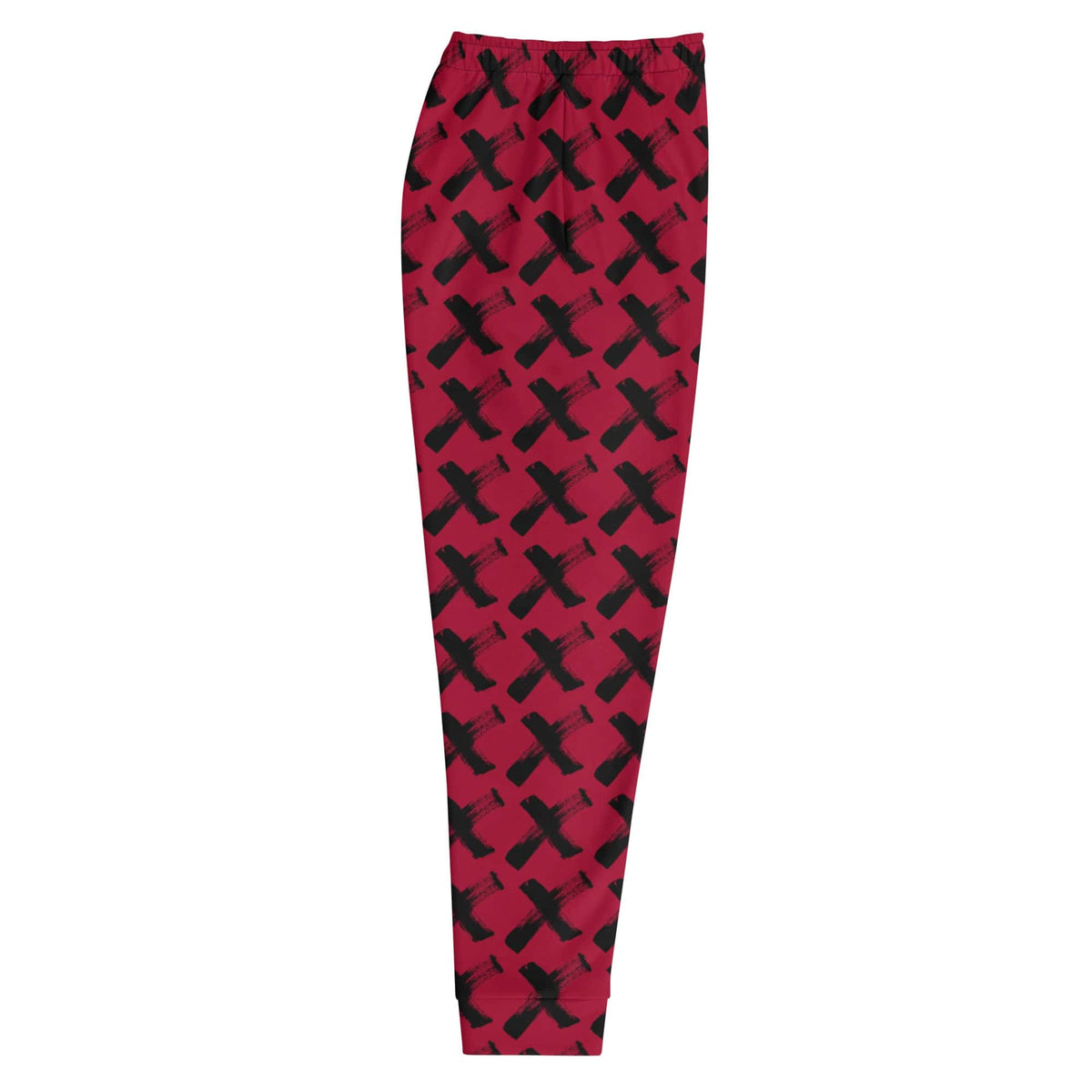 Men's red joggers with black X all-over pattern, straight leg and elastic waistband