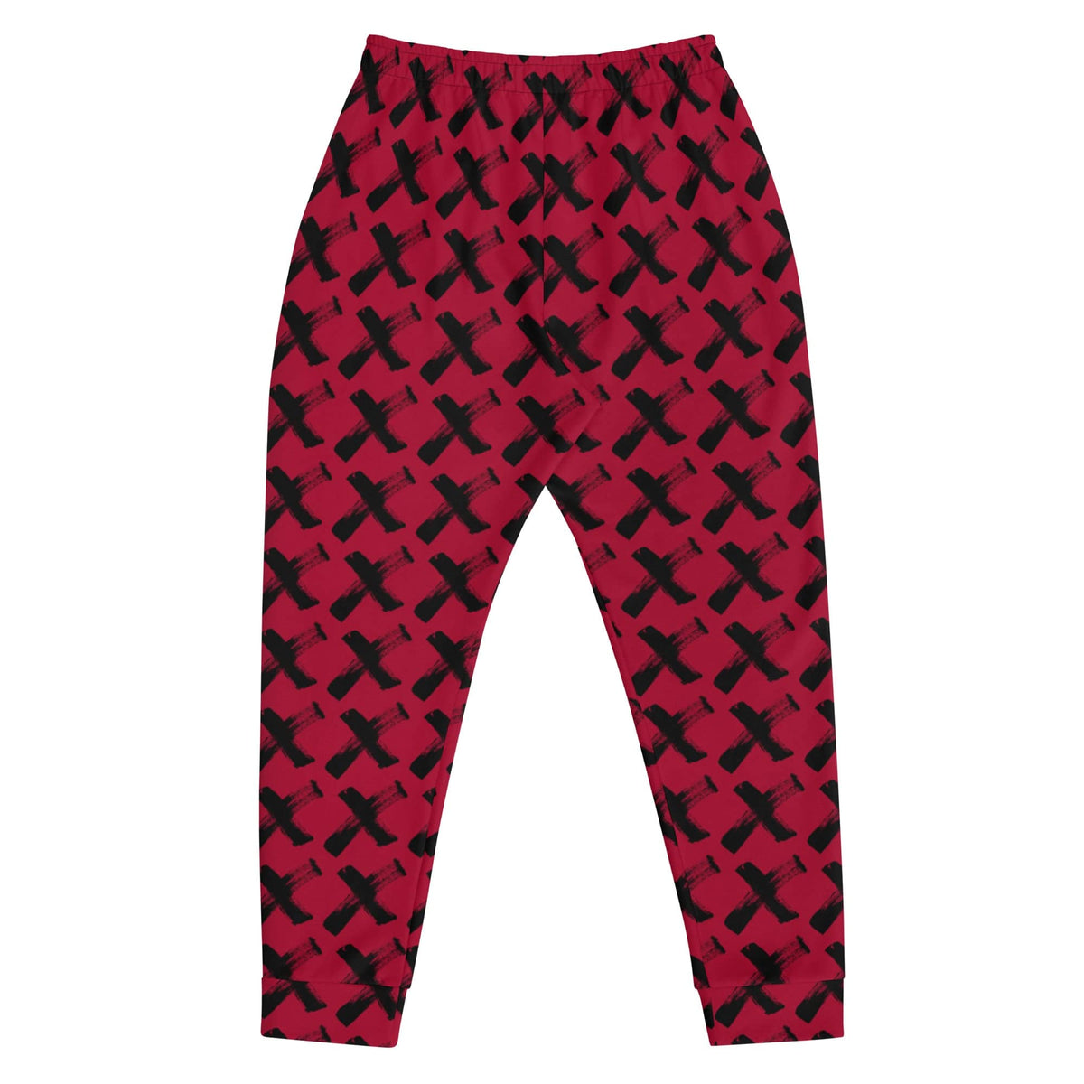 Men's red joggers with black X pattern, back view with tapered leg and cuffs