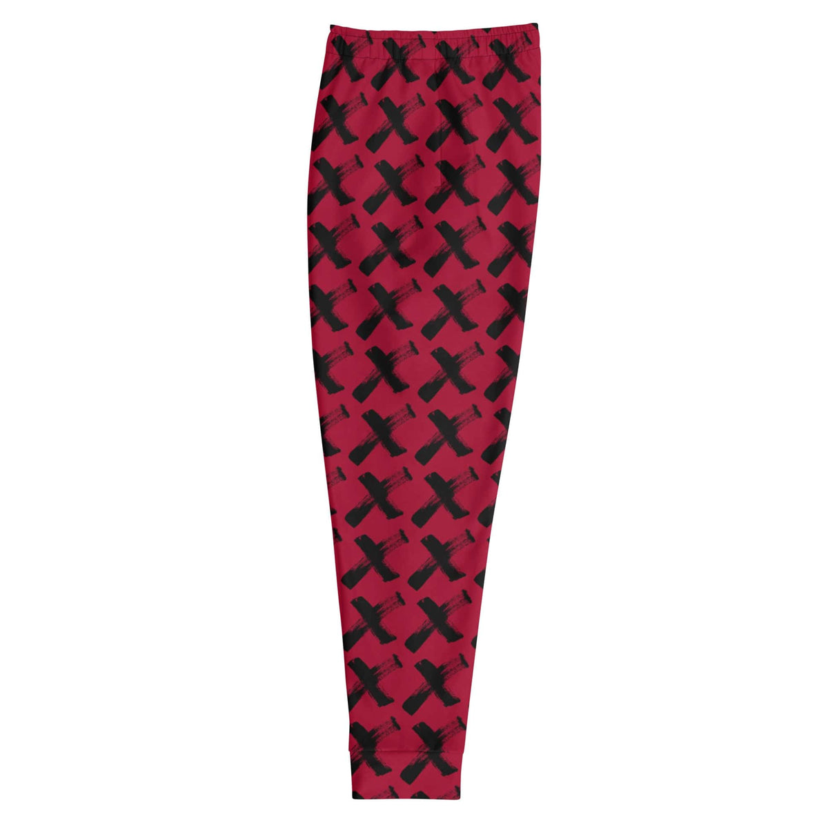 Men's red joggers with black X pattern, flat studio view with tapered leg