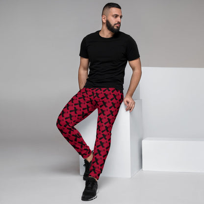 Men's red joggers with black X pattern, slim fit and elastic ankle cuffs