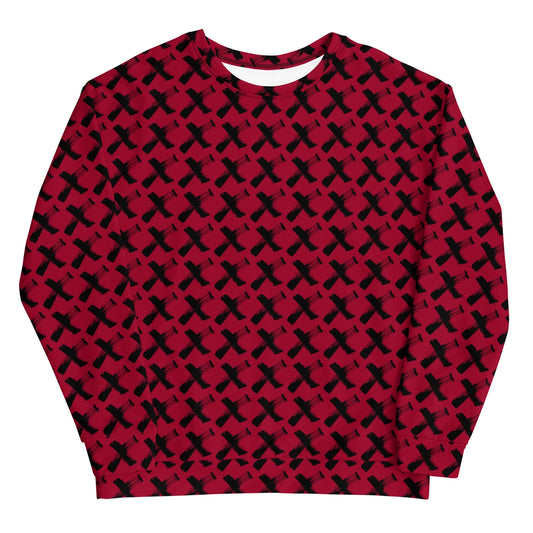 Red crewneck sweatshirt with black X pattern, long sleeves, ribbed collar and cuffs