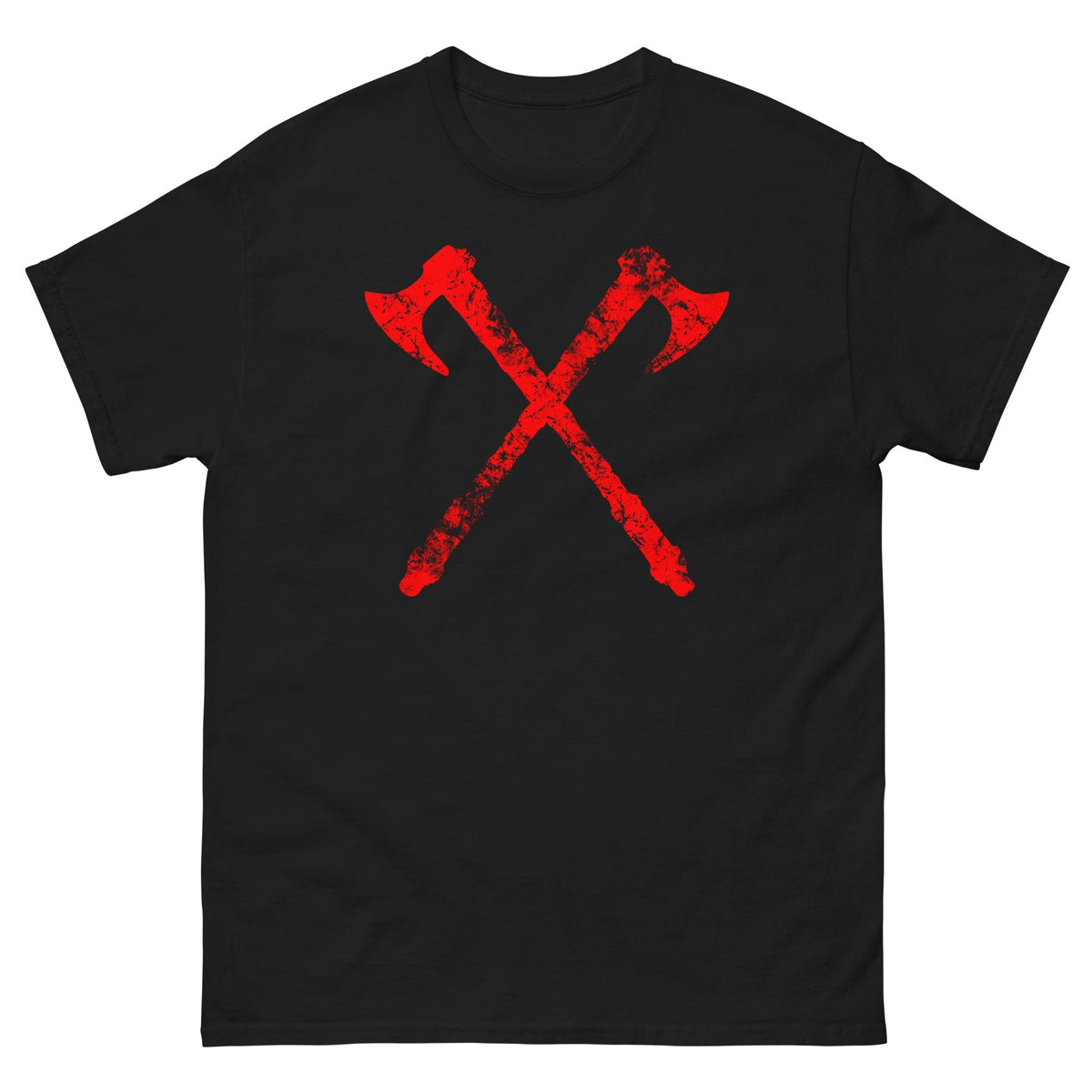 Black crew-neck T-shirt with red crossed axe graphic