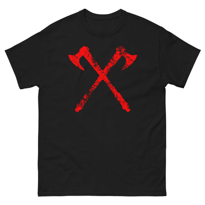 Black crew-neck T-shirt with red crossed axe graphic