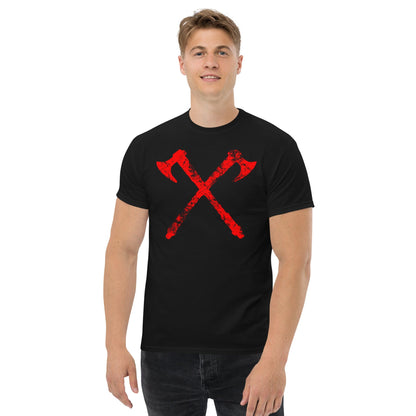 Black crew-neck T-shirt with red crossed axe graphic