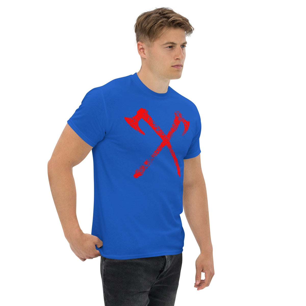 Royal blue crew-neck T-shirt with red crossed axe graphic