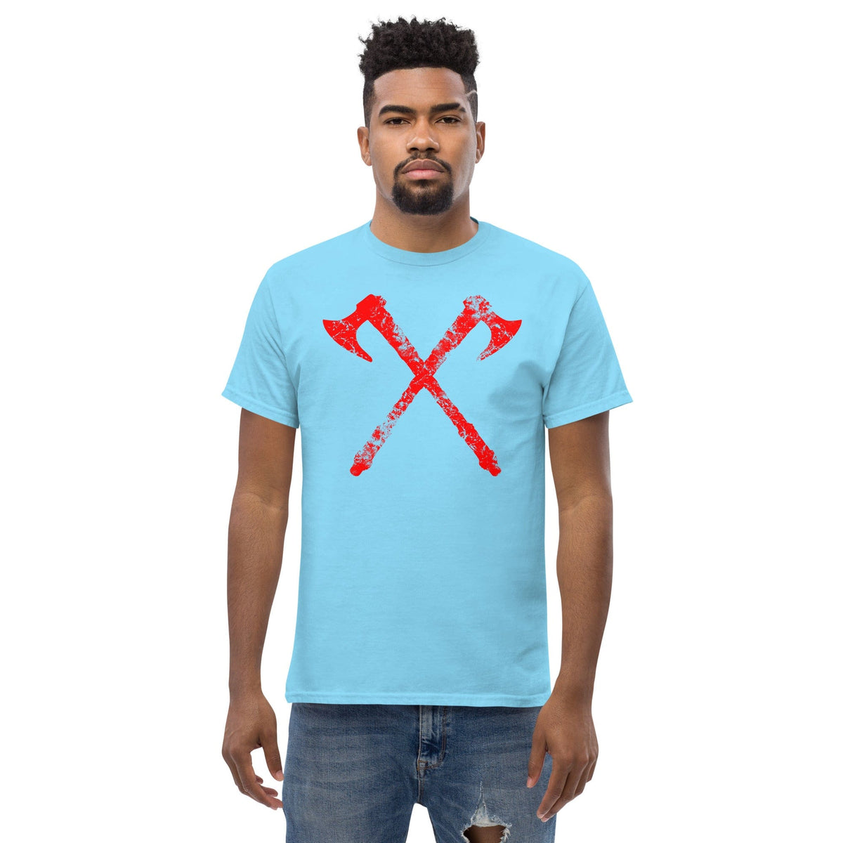 Light blue crew-neck T-shirt with red crossed axe graphic
