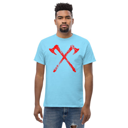 Light blue crew-neck T-shirt with red crossed axe graphic