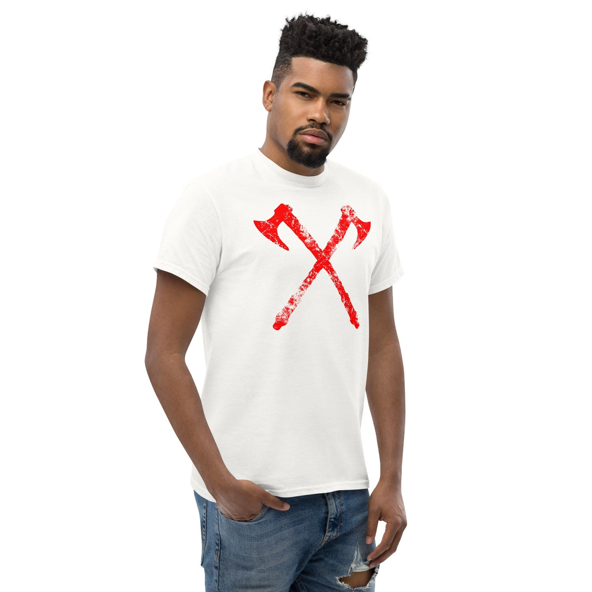 White crew-neck T-shirt with red crossed axe graphic