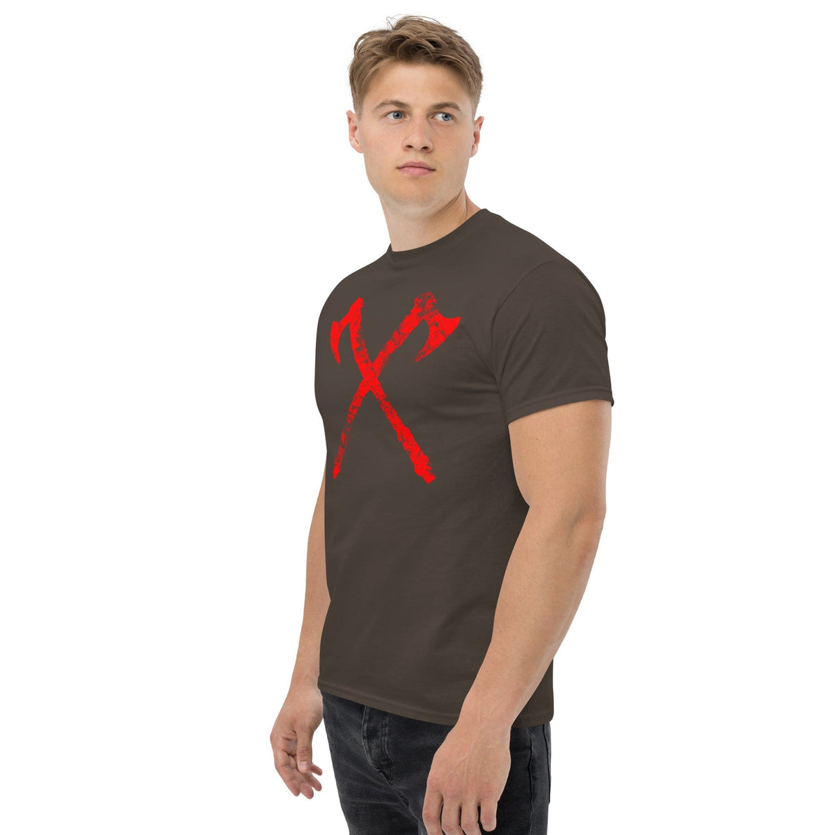 Dark brown crew-neck T-shirt with red crossed axe graphic