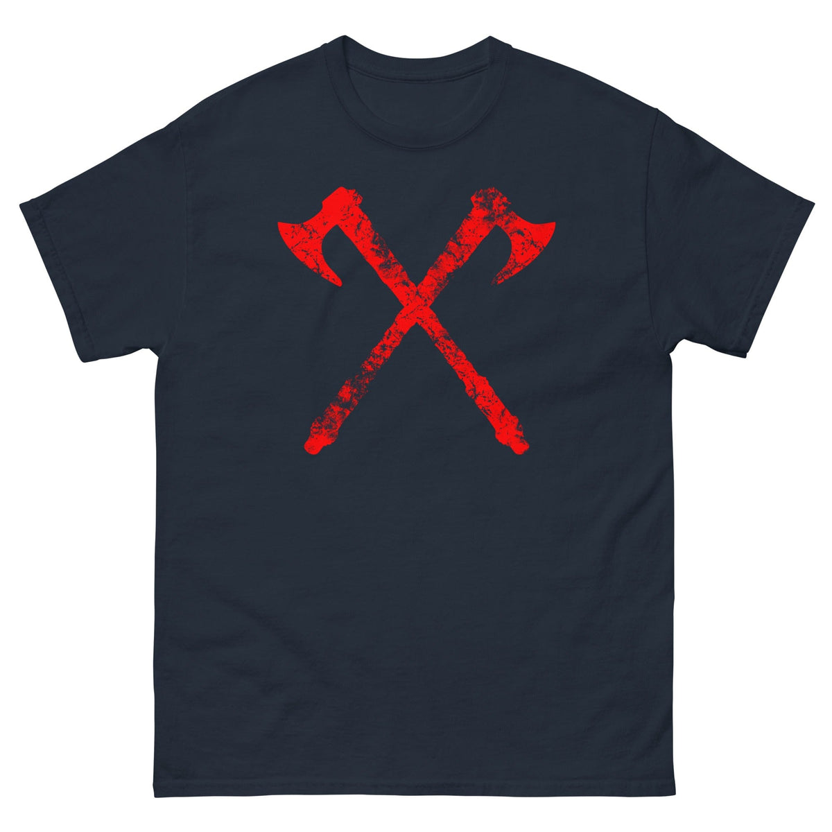 Navy crew-neck T-shirt with red crossed axe graphic