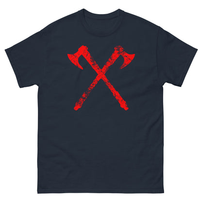 Navy crew-neck T-shirt with red crossed axe graphic