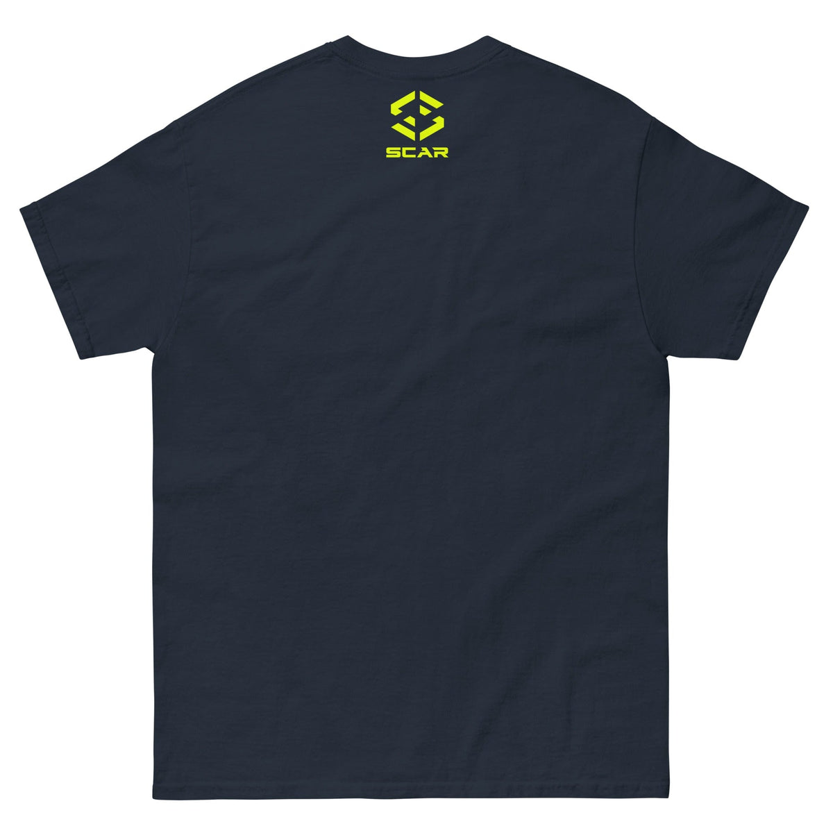 Navy crew-neck T-shirt with yellow SCAR logo on back