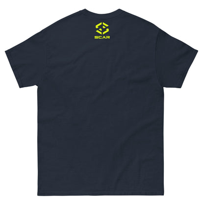 Navy crew-neck T-shirt with yellow SCAR logo on back