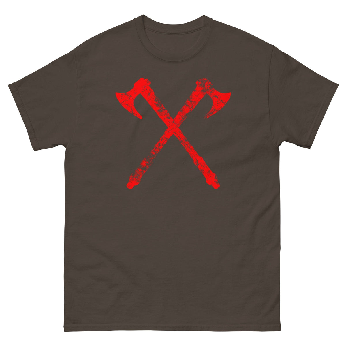 Dark chocolate crew-neck T-shirt with red crossed axe graphic