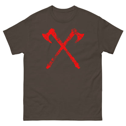 Dark chocolate crew-neck T-shirt with red crossed axe graphic