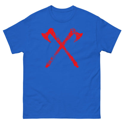 Royal blue crew-neck T-shirt with red crossed axe graphic