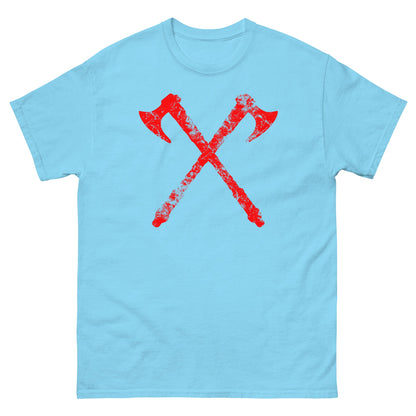 Sky blue T-shirt with red crossed axe graphic at center