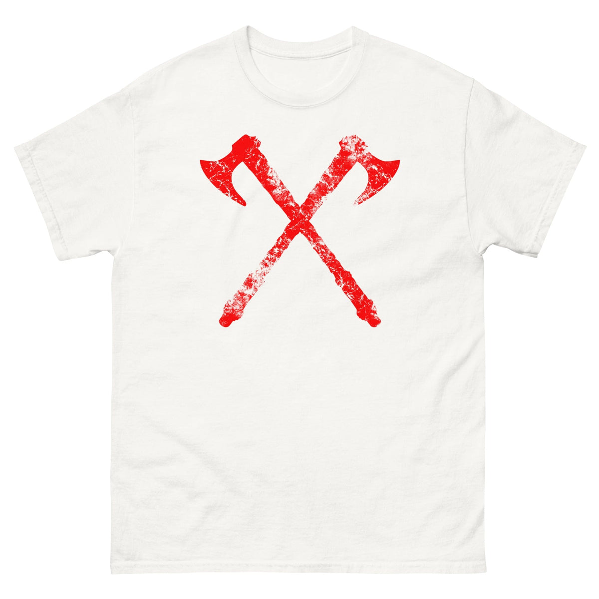 White T-shirt with red crossed axe graphic at center