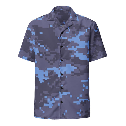 Blue digital camo button-up military shirt with short sleeves and front buttons