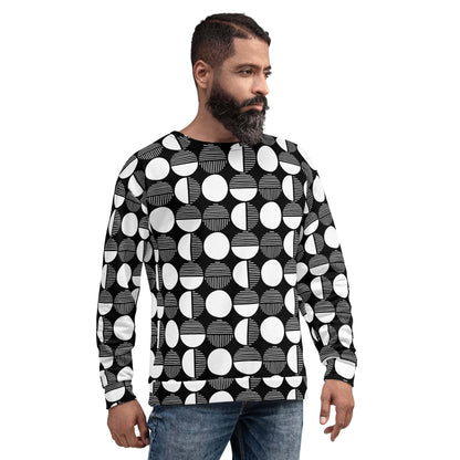Black and white geometric print sweatshirt, crew neck and long sleeves, ribbed cuffs.
