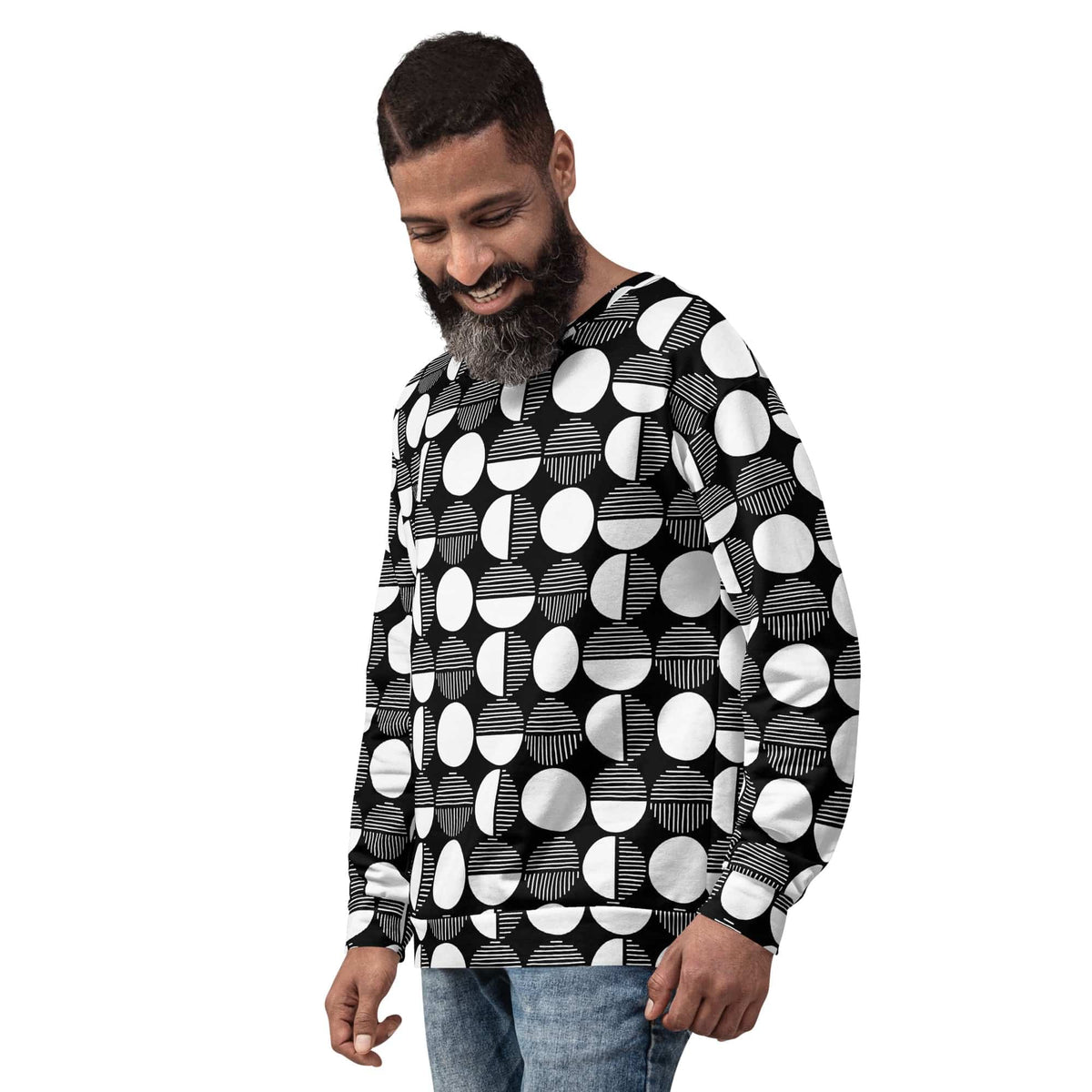 Black and white geometric print sweatshirt with crew neck and long sleeves, ribbed hem.