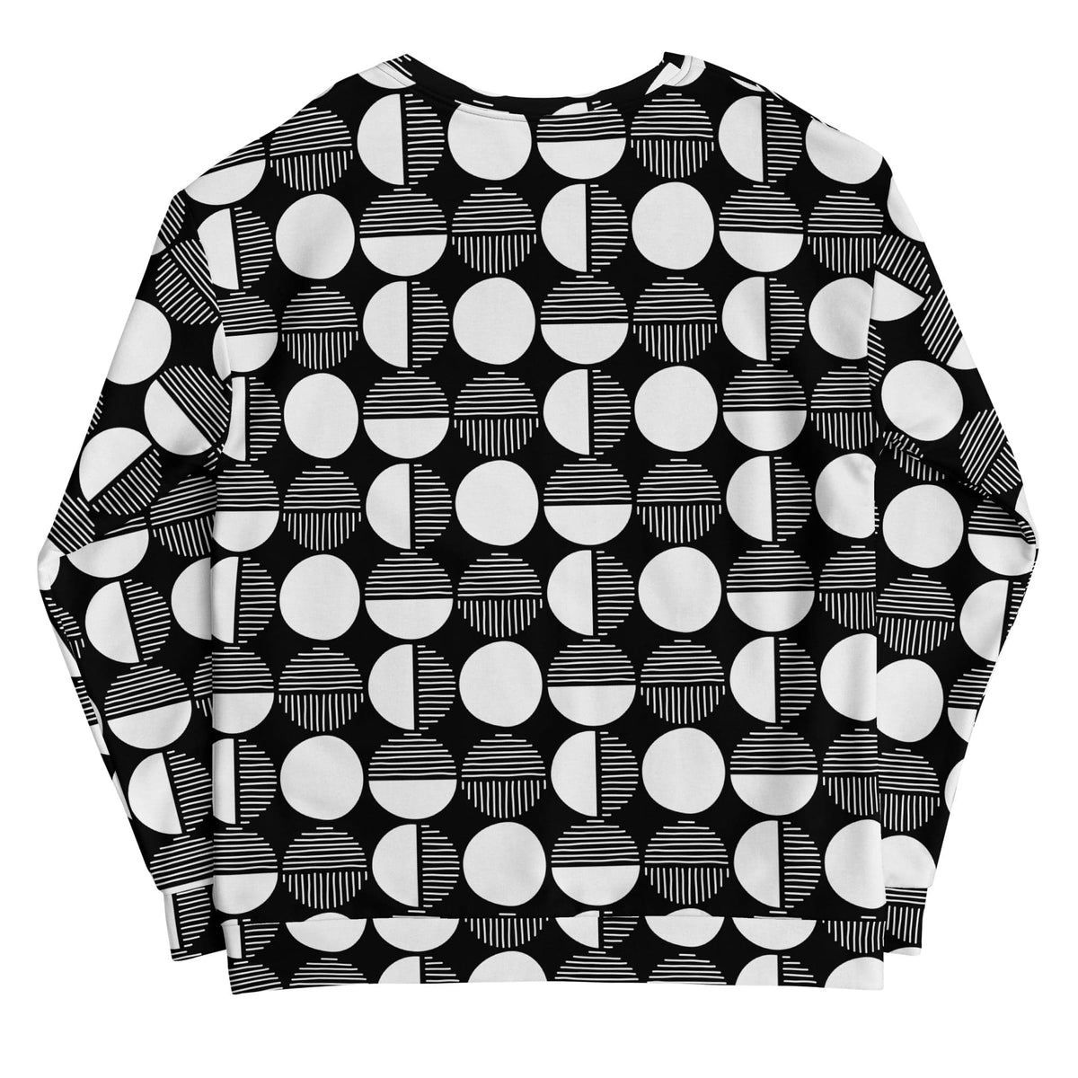 Folded geometric pattern sweatshirt: black with white circles and stripe details, crew neck.