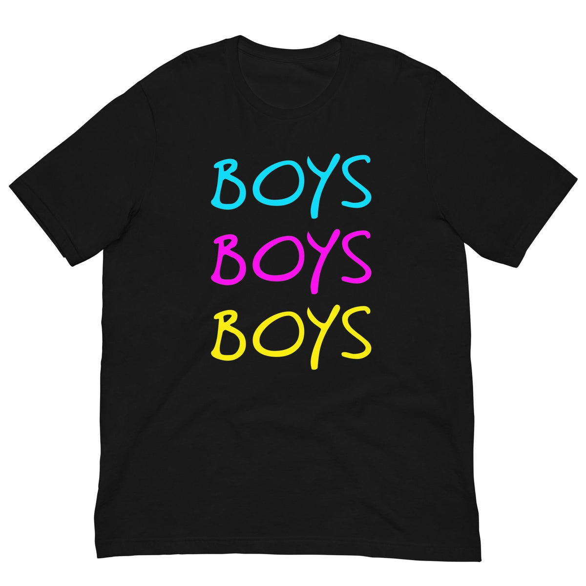 Black boys graphic T-shirt with stacked BOYS lettering in blue, pink, yellow