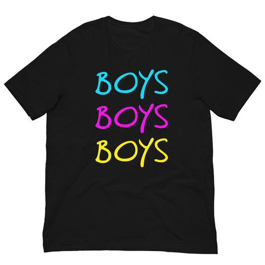 Black boys graphic T-shirt with stacked BOYS lettering in blue, pink, yellow