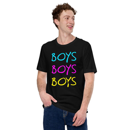 Black boys graphic T-shirt with stacked BOYS lettering in blue, pink, yellow
