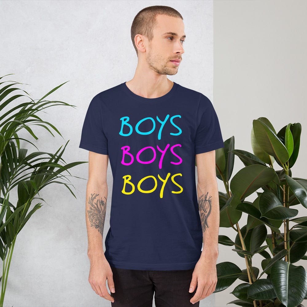 Navy boys graphic T-shirt with stacked BOYS lettering in blue, pink, yellow