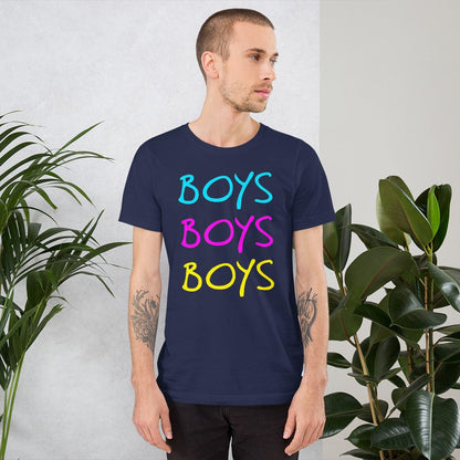 Navy boys graphic T-shirt with stacked BOYS lettering in blue, pink, yellow