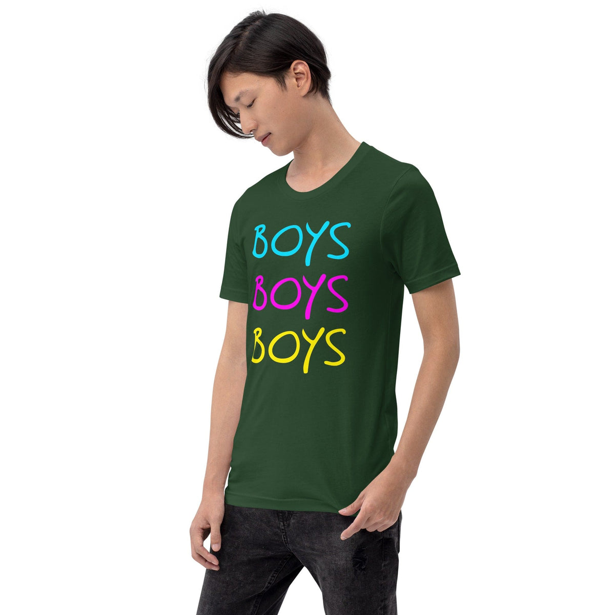 Forest green boys graphic T-shirt with stacked BOYS lettering in blue, pink, yellow