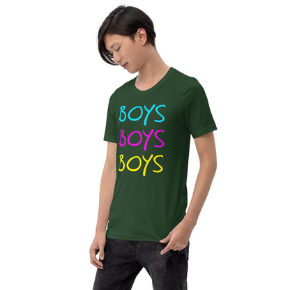 Forest green boys graphic T-shirt with stacked BOYS lettering in blue, pink, yellow